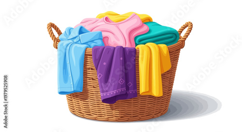 Colorful Laundry Basket with Draped Clothes in Bright Home Setting.