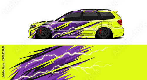 Colorful graffiti style race car with neon yellow and purple lightning graphics on a sporty hatchback.