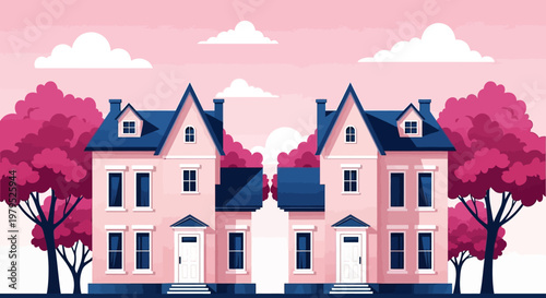 Pair of pastel pink houses with symmetrical facades and whimsical surroundings in a stylized suburban scene.