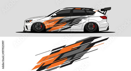 High-speed racing car with bold orange and black graphic livery on a sleek sports coupe.