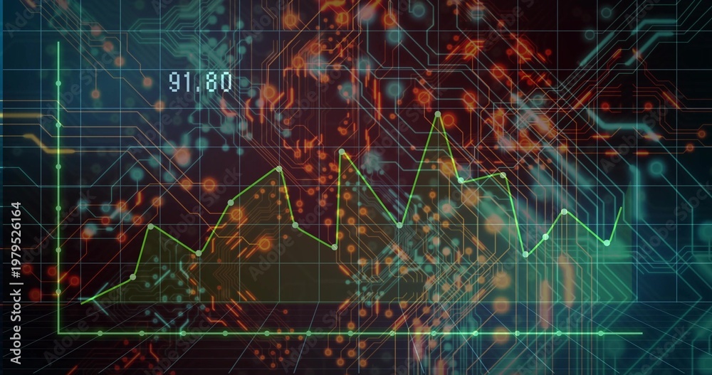 Obraz premium Displaying green line chart with glowing nodes and circuit traces on dashboard, showing 91