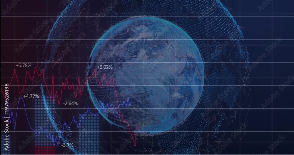 Fototapeta premium Displaying Earth globe rotating in virtual dashboard, showing red blue charts and percentage labels