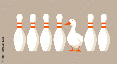 Playful duck among bowling pins in a whimsical sports scene and humorous moment.