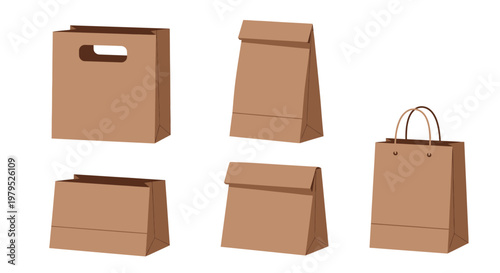 Collection of brown paper bags in different shapes and sizes for display.