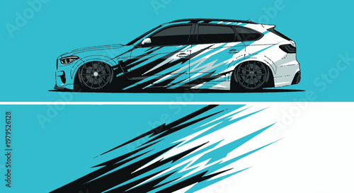 Stylized blue and white sports car silhouette with dynamic motion and sleek design.