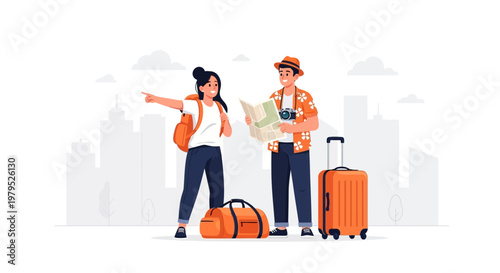 Two travelers with luggage at a city skyline setting, ready for departure and new adventures.