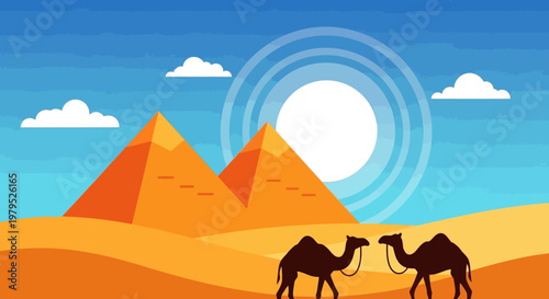 Desert Pyramids and Camels Under a Bright Sun in a Golden Landscape.