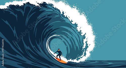 Surfer riding a powerful hollow tube inside a crashing ocean wave capturing intense action and spray.