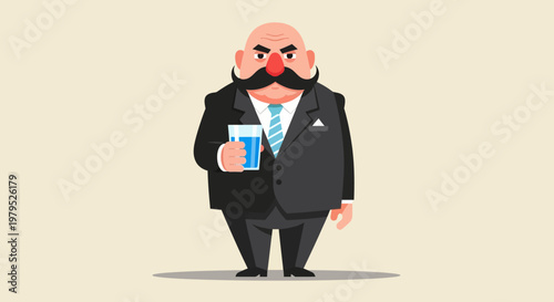 Cartoon businessman in a suit holding a blue beverage at a casual event.