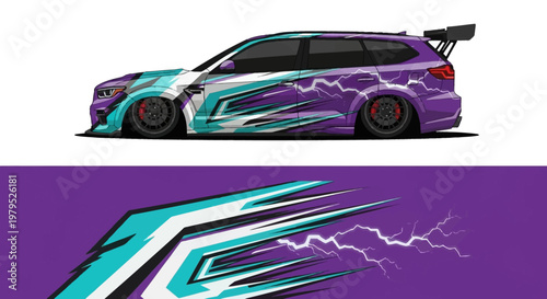 Vibrant customized sports car with neon teal and purple graphics and lightning accents.