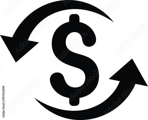 Financial exchange, money transfer, dollar sign, circular arrows, black vector icon