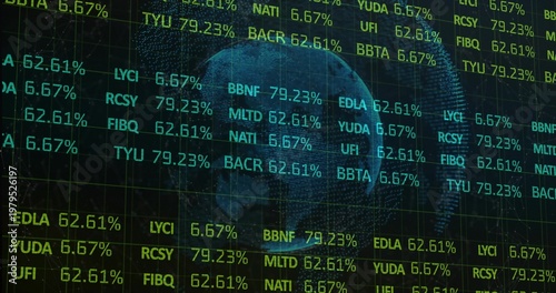 Displaying dotted wireframe globe centered on dark dashboard, showing LED tickers and percentages