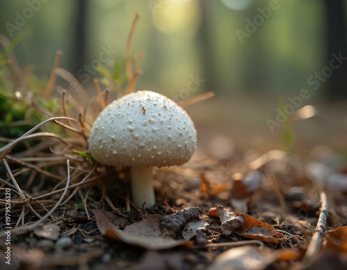 Young puffball mushroom grows in forest floor under soft sun light. Small white agaric sprout from soil with dry leaves and twigs. Natural edible fungus.