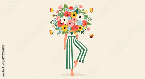 Playful figure holding a vibrant bouquet of flowers in a whimsical illustration.