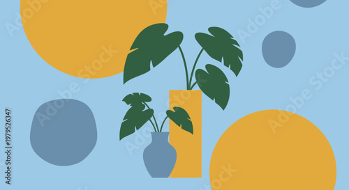 Bright abstract arrangement of plant stems with stylized leaves against a blue background and circular shapes.