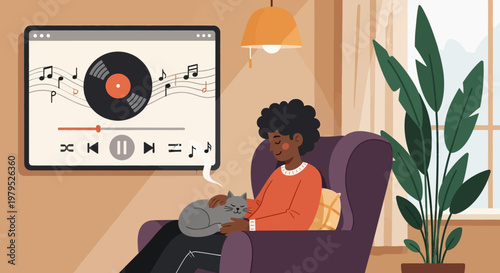 Cozy living room scene with a person relaxing on a couch while a cat sits nearby watching TV.