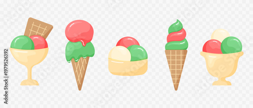 Set of ice cream desserts including cones, sundaes and cups with colorful scoops and toppings. Bright flat vector illustration perfect for menus, cafes, summer designs, food projects