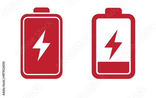 Red battery full and empty, with lightning bolt symbols white full battery