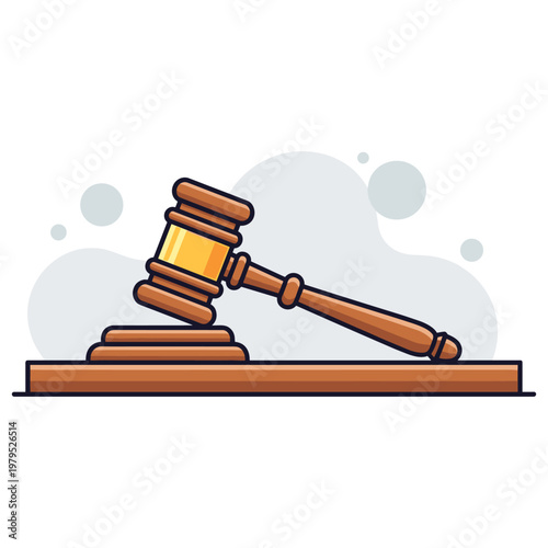 Gavel striking sound block on simple courtroom background. non editable strokes