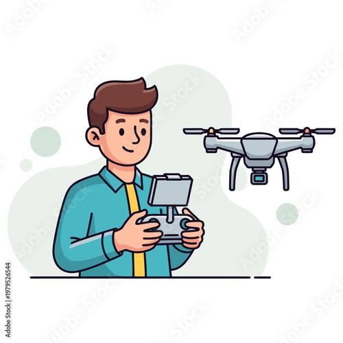 Man operating drone controller in abstract studio background. non editable strokes