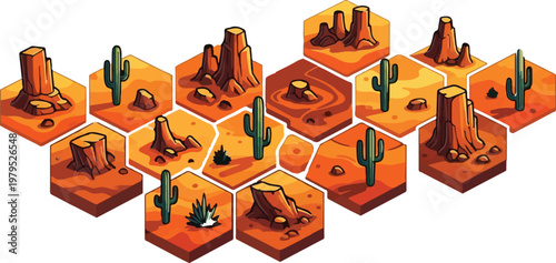 Isometric desert game tiles with cactus and rock formations, 14 hexagonal map elements for strategy gaming, wild west landscape vector set for ui design