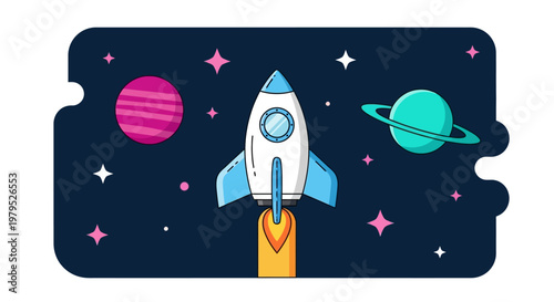 Cartoon Rocket Launch into Space: Playful Spacecraft Leaving Earth for Cosmic Adventure.