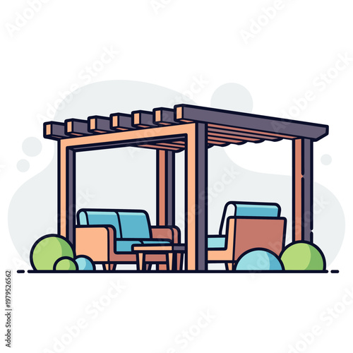 Outdoor pergola with seating area in garden patio setting. non editable strokes