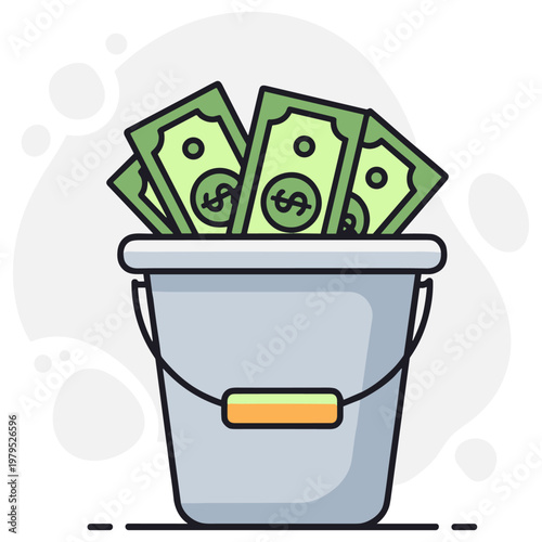 Bucket filled with money bills on plain white background. non editable strokes