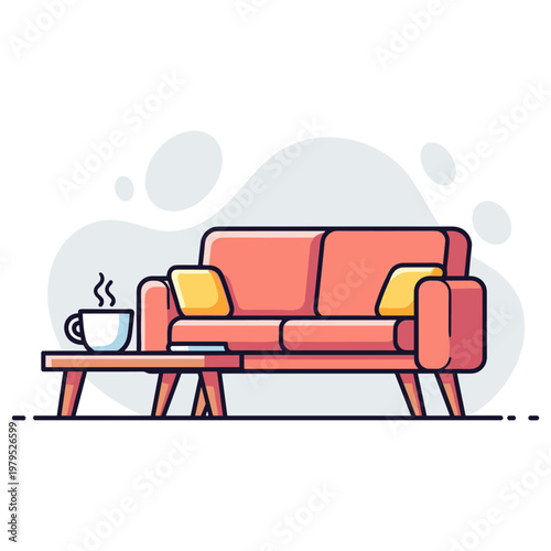 Living room sofa with coffee cup on wooden side table interior. non editable strokes