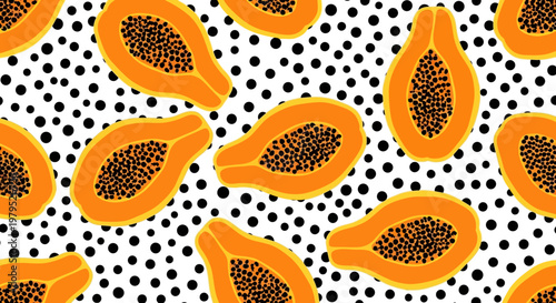 Vivid sliced papaya halves displaying bright orange flesh with seeds on polka dot background.