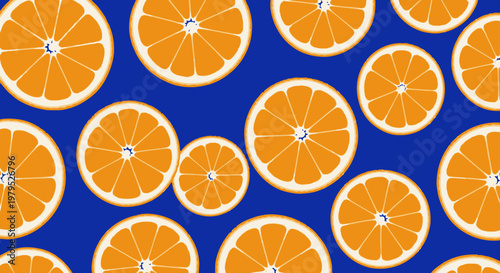 Bright Orange Slices Pattern on Deep Blue Background with Circular Citrus Motifs.