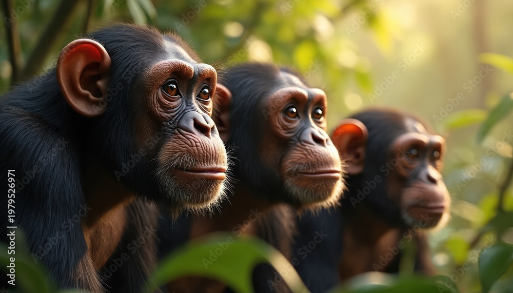 Fototapeta premium Three chimpanzees gaze forward in a forest environment. Their faces show thoughtful expressions. They are in their natural habitat with green foliage. These primates look curious.