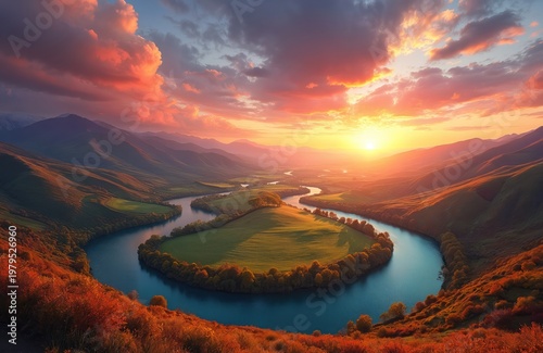 Meandering river through valley at sunset. Mountains bathed in warm light under colorful sky. Lush green fields and trees line water. Serene natural landscape.