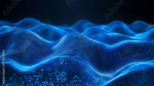 A futuristic digital landscape with glowing blue waves and particles on a dark background