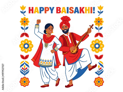 Vector illustration of a happy Punjabi couple performing traditional Bhangra and Giddha folk dance. Indian Sikh couple in traditional ethnic attire dancing Bhangra, isolated on white background.