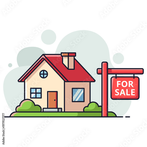 House for sale beside yard with sign on white background. non editable strokes