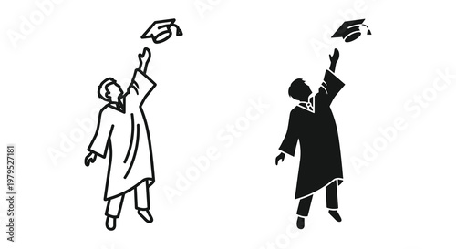 Two graduates in gowns celebrate academic success throwing graduation caps high