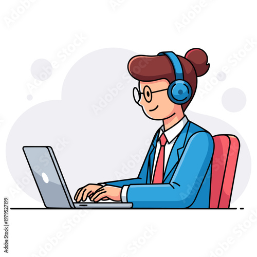 Young professional with headphones typing on laptop at desk. non editable strokes
