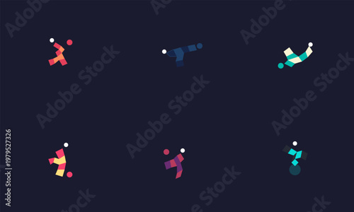 Hand-drawn minimalist geometric silhouettes of active human figures performing dynamic athletic sports movements across dark background authentic illustration