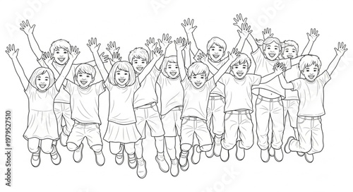 Group of happy children jumping and celebrating together in joy.