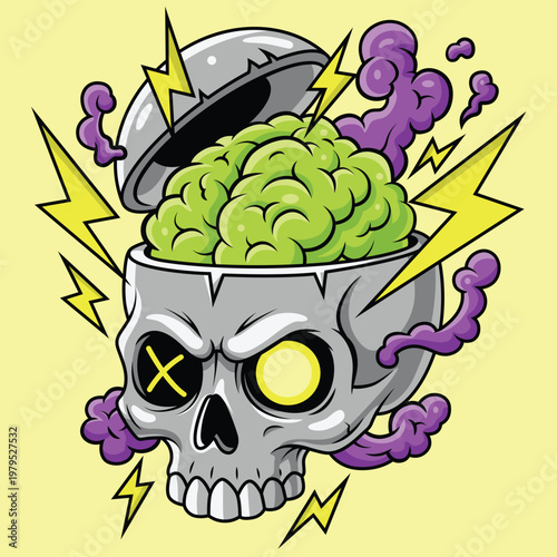 Zombie Skull with Exposed Brain Lightning and Purple Smoke Horror Cartoon Vector Illustration