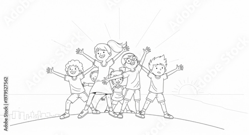 Group of happy children jumping and cheering together.