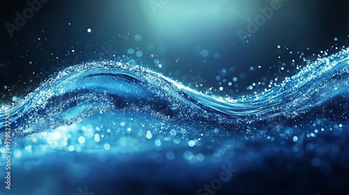 A close-up view of sparkling blue water with a wave and droplets illuminated by a bright light