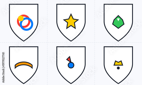 Hand-drawn collection of six minimalist shield crests featuring colorful geometric symbols and abstract icons for sports authentic illustration