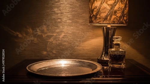 salver. A silver salver and crystal decanter on a velvet table in a banquet hall. bar promotions, beverage menus, designed for product packaging and bar promotions, inspires menu design.