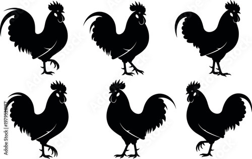 Black and White Rooster Silhouette Set for Farm, Poultry, and Animal Illustration Designs