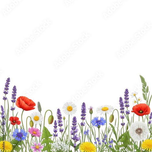 Colorful wildflowers and red poppies bouquet isolated on transparent background