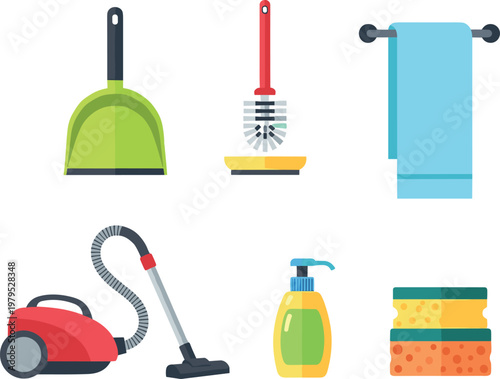 Flat Design Cleaning Tools Set with Vacuum Cleaner, Mop, Towel, Dustpan, and Sponges for Household and Hygiene Branding Designs