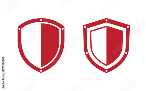 Red shield two variations with white outlines and rivets, on white background, white shield symbol protection