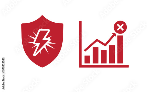 Red shield with lightning bolt, and graph with increasing trend and cancel symbol white lightning bolt